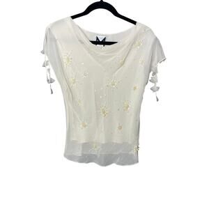 Marc Bouwer Silk Beaded Fairycore Cowl Neck Shirt Women’s Small Y2K Romantic